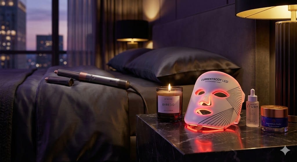 Essentials for a premium sleep sanctuary including LED therapy mask and luxury night serums for a mind reset.