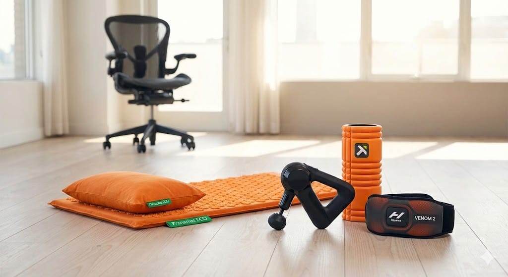 Top-rated somatic recovery tools for nervous system reset featuring acupressure mat and percussive therapy device.