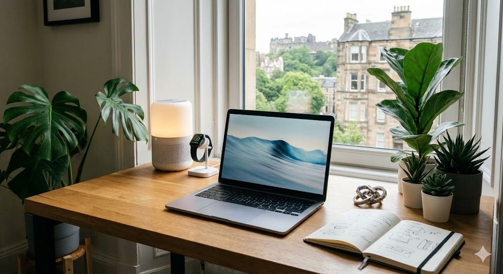 odern minimalist workspace with smart technology for focus