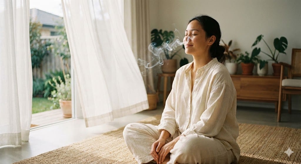 A person practicing breathing techniques for calm and mental clarity.