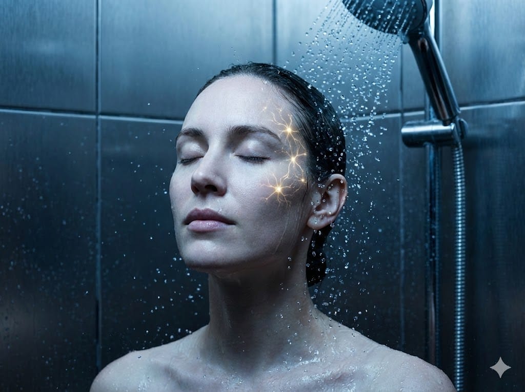 Person practicing cold therapy for dopamine release under a shower, illustrating the mind reset protocol.