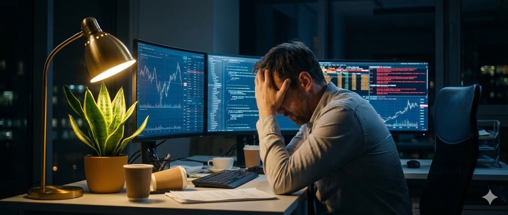 A professional experiencing digital burnout at a desk with multiple screens.
