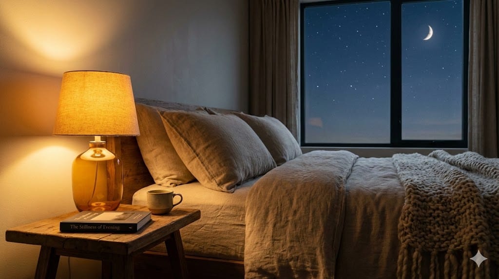 Habitación tranquila y minimalista preparada para una rutina para relajarse por la noche.