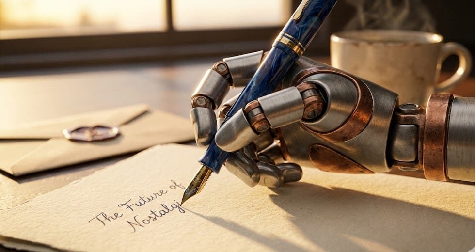 Handwrytten review: How ai and a robot transform digital mail into thoughtful direct mail (handwrytten reviews & pricing) 8 A robotic arm writing a handwritten note with a real pen, symbolizing the blend of technology and human connection.