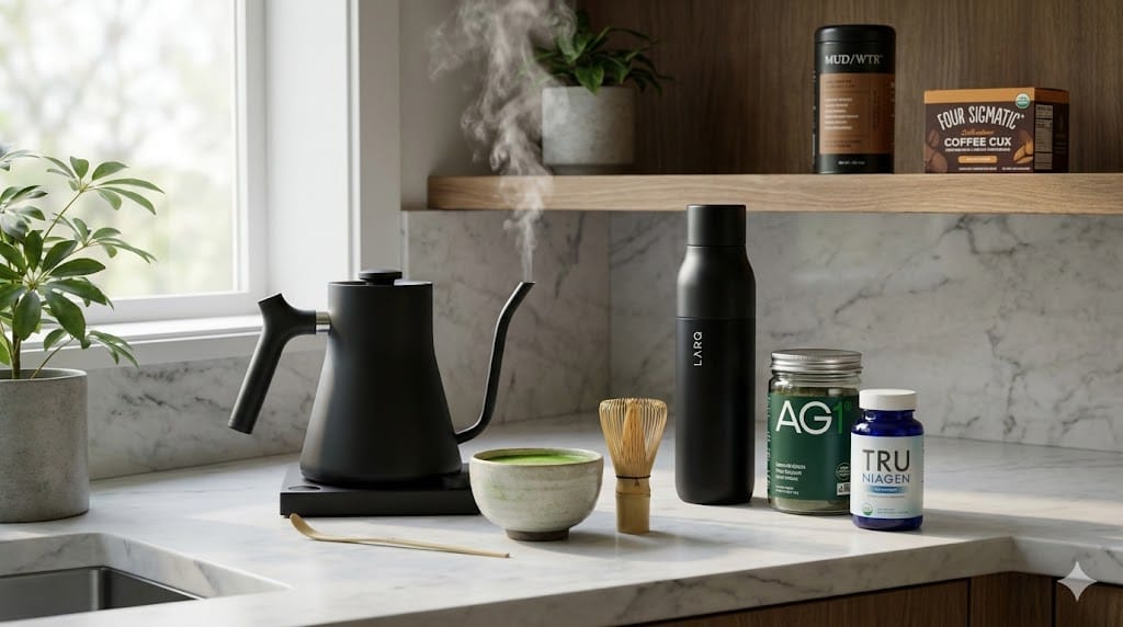 A collection of 10 internal alchemy and cognitive fuel tools including matcha, electrolytes, and nootropic supplements for brain health.