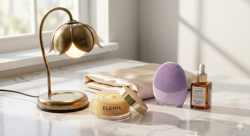 Collection of high-end wellness essentials for a luxury mind reset including Foreo and silk pillowcase.
