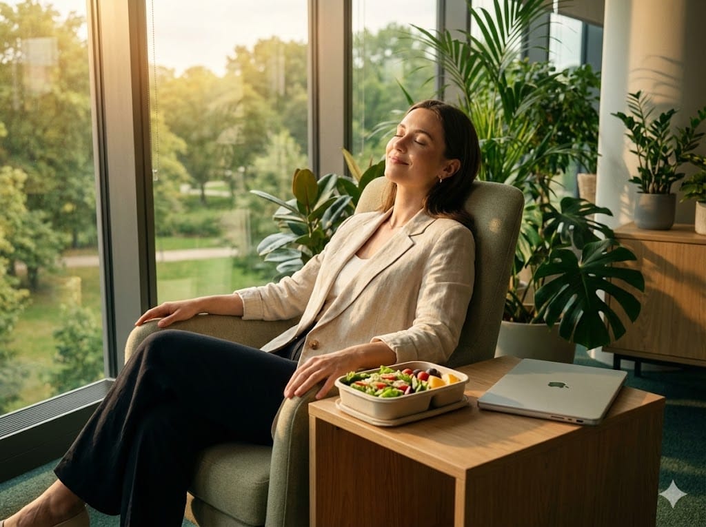 A professional taking a quick brain reset during a lunch break to improve productivity.