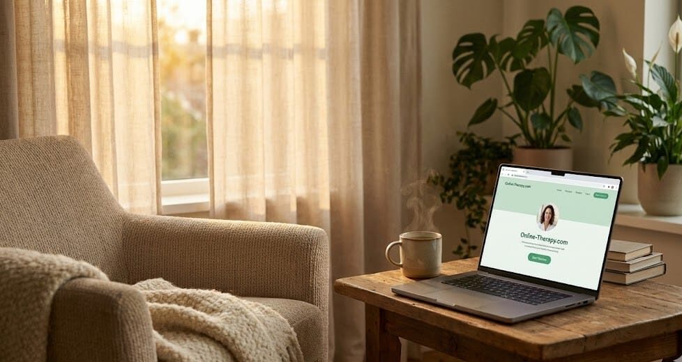 In this Finding the Best Online Therapy Platforms of 2026: An Expert Guide to the Best Online CBT Program and Therapy Platform 2 Cozy home setting with a laptop showing Online-Therapy.com interface, herbal tea, and plants, symbolizing accessible mental health support.