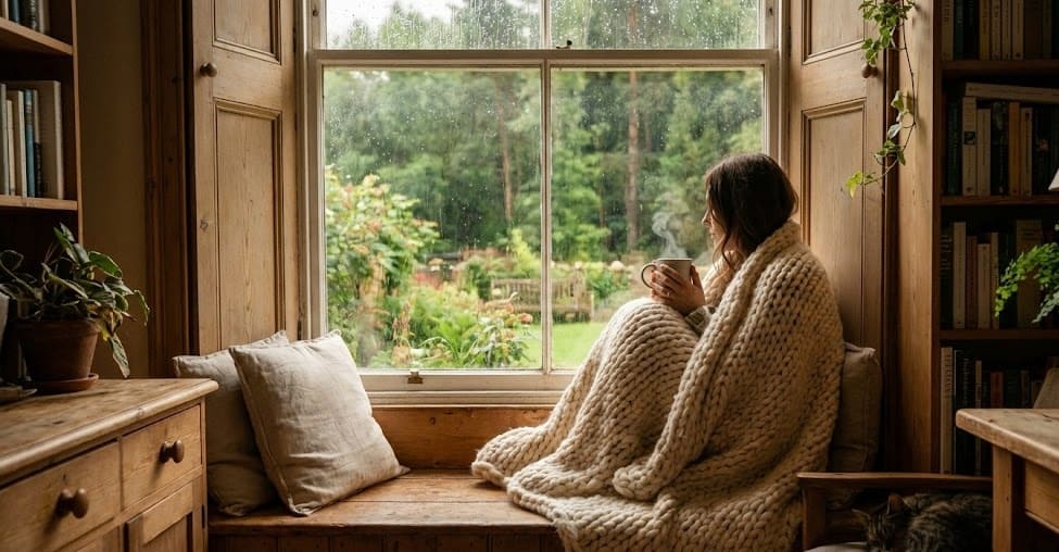 Slow Living: How to Find Life in a World Gone Mad 6 Woman wrapped in a cozy wool blanket enjoying a slow living moment by a rainy window with a hot cup of tea.