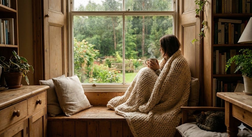 Woman wrapped in a cozy wool blanket enjoying a slow living moment by a rainy window with a hot cup of tea.
