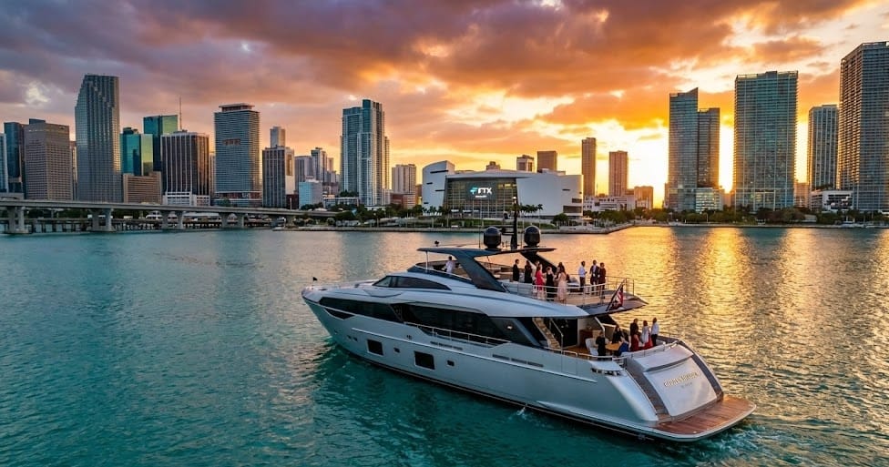 оренда яхт у маямі — білосніжна яхта на фоні хмарочосів під час заходу сонця