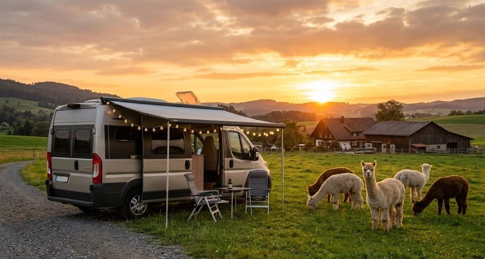 відпочинок на фермах harvest hosts — альпаки біля кемпера на фоні ферми під час заходу сонця
