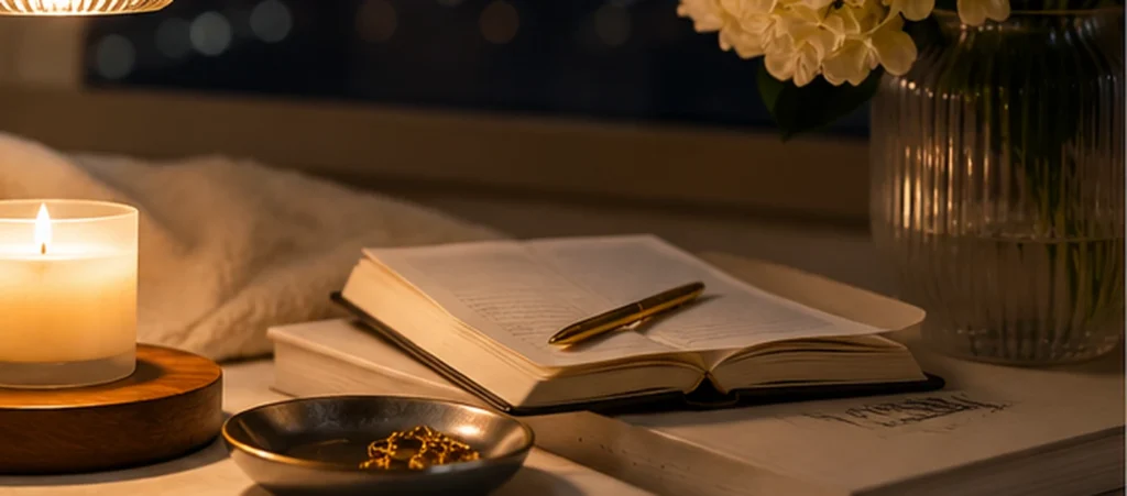5 Luxury Wellness Essentials for a Better Evening Routine 6 Open journal and fresh flowers in a warm premium evening setting
