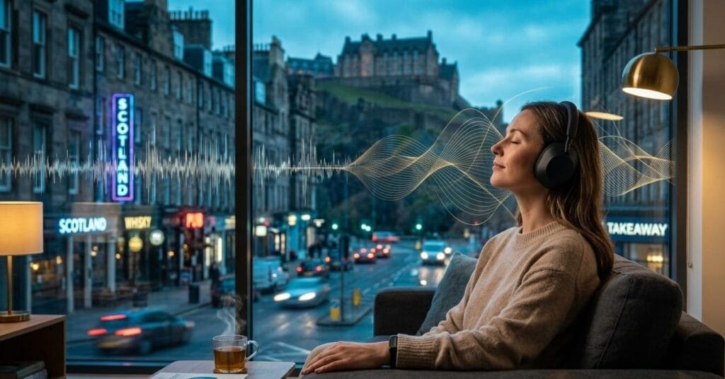 how the city steals your peace — a person in headphones protects themselves from urban noise