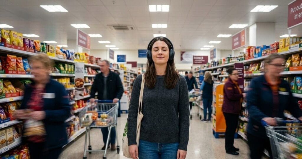 La sobrecarga sensorial del supermercado: el asesino oculto de tu tranquilidad 3 Una persona sintiendo sobrecarga sensorial en un supermercado con luces y sonidos abrumadores.