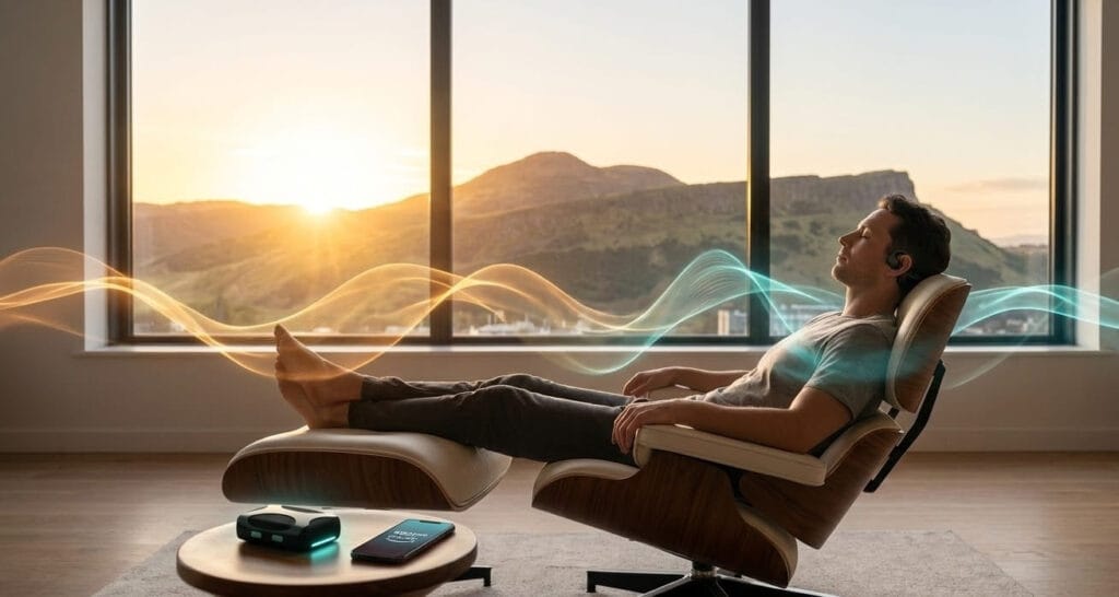 Concept of full relaxation using open-ear headphones and Amazon Music Unlimited Ultra HD sound for mental health.Concept of full relaxation using open-ear headphones and Amazon Music Unlimited Ultra HD sound for mental health.