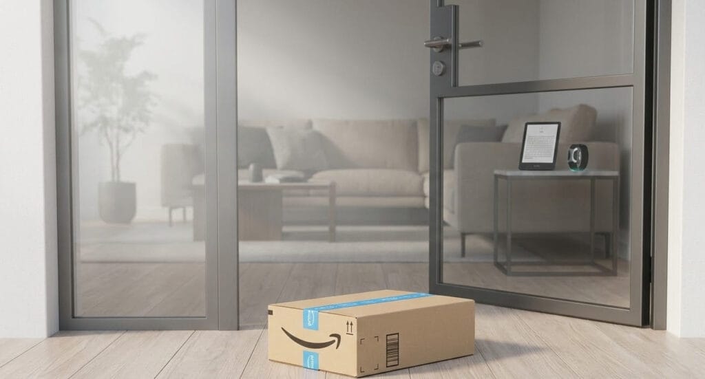 Household ecology visualized in a serene, organized living room with natural sunlight.