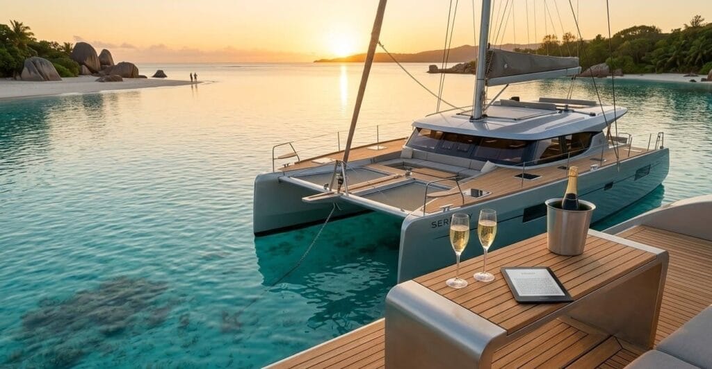 Dream wedding trip: catamaran rental in Seychelles for sea therapy and mental recovery.