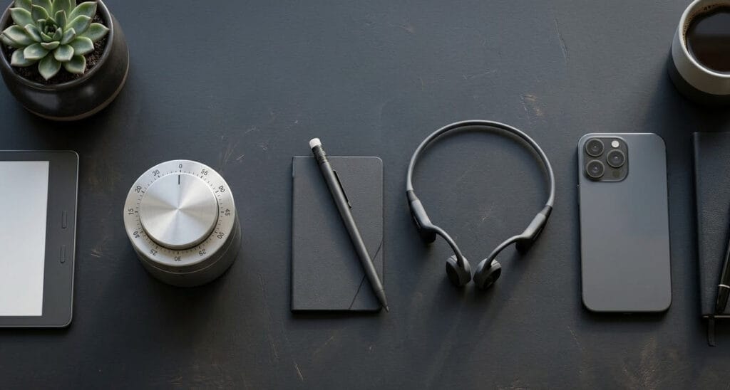 Digital Mindfulness setup featuring noise-canceling headphones and a smart assistant on a minimalist desk.
