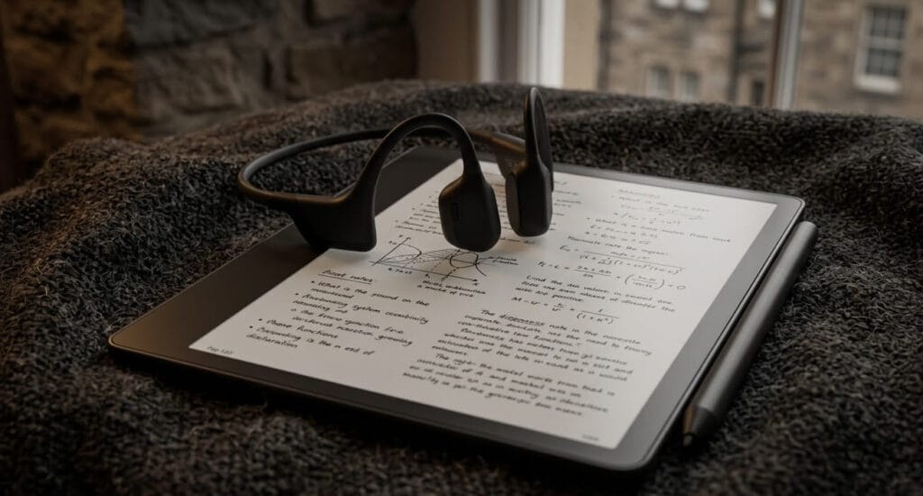 Minimalist desk with Pomodoro timer and headphones to improve digital focus and peace of mind.