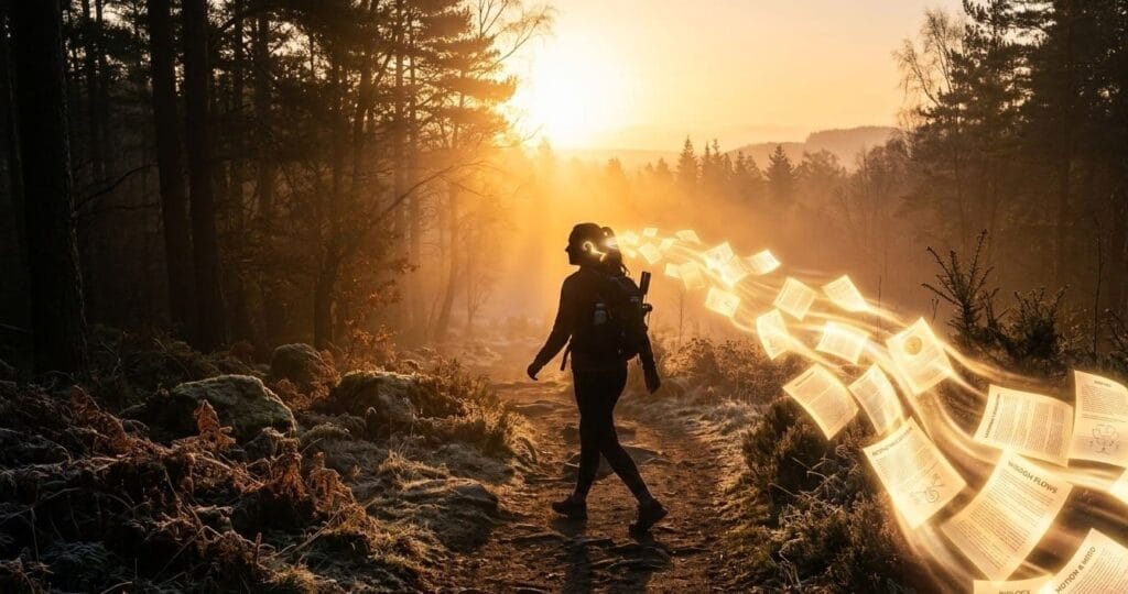 Sound therapy through audiobooks showing a person relaxing with headphones.