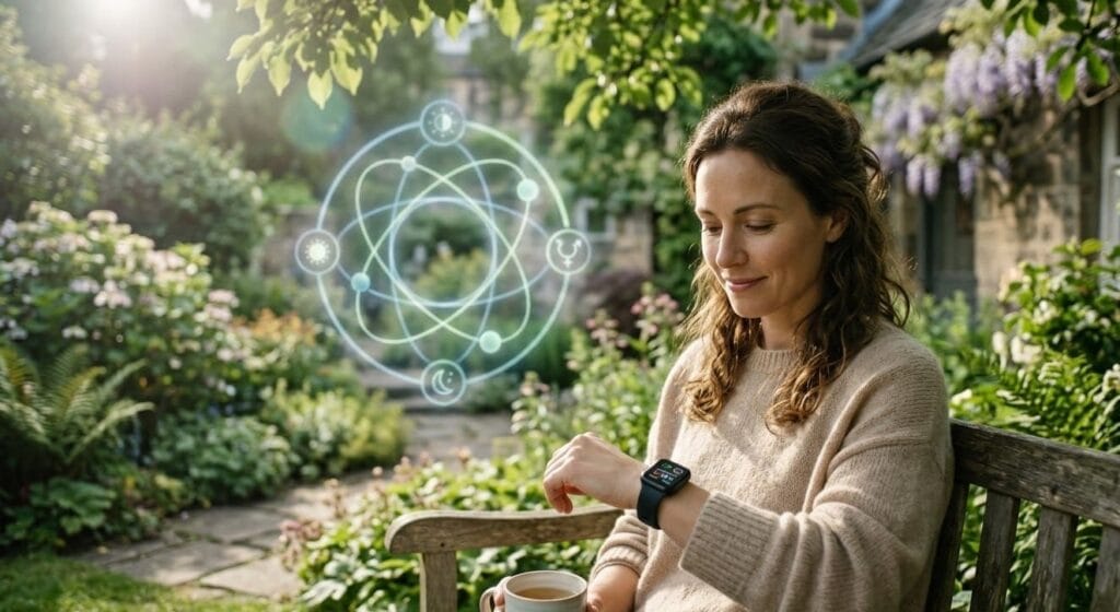 A woman using a smart ring for female biohacking in a peaceful environment.