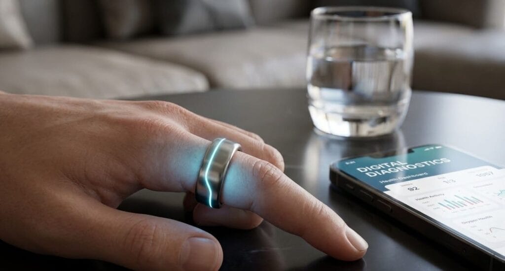 Person using a smart ring for digital health diagnostics in a peaceful environment.
Digital health diagnosis tracking on a smart ring and mobile app.