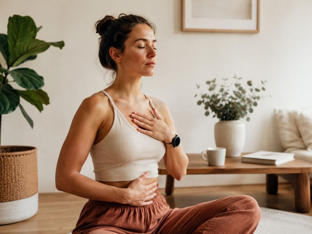 Woman reviewing sleep temperature and cycle trends in a wellness tracking app