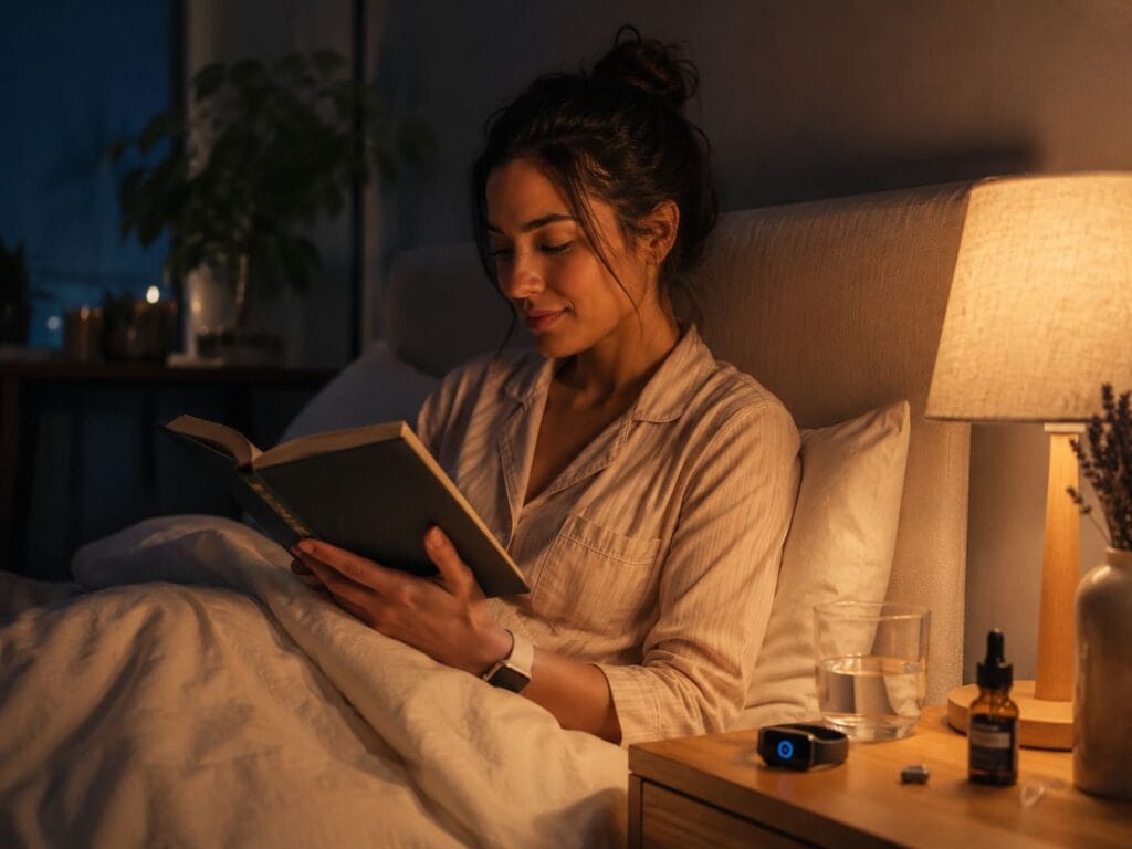 Woman using a simple breathing and biofeedback routine at home