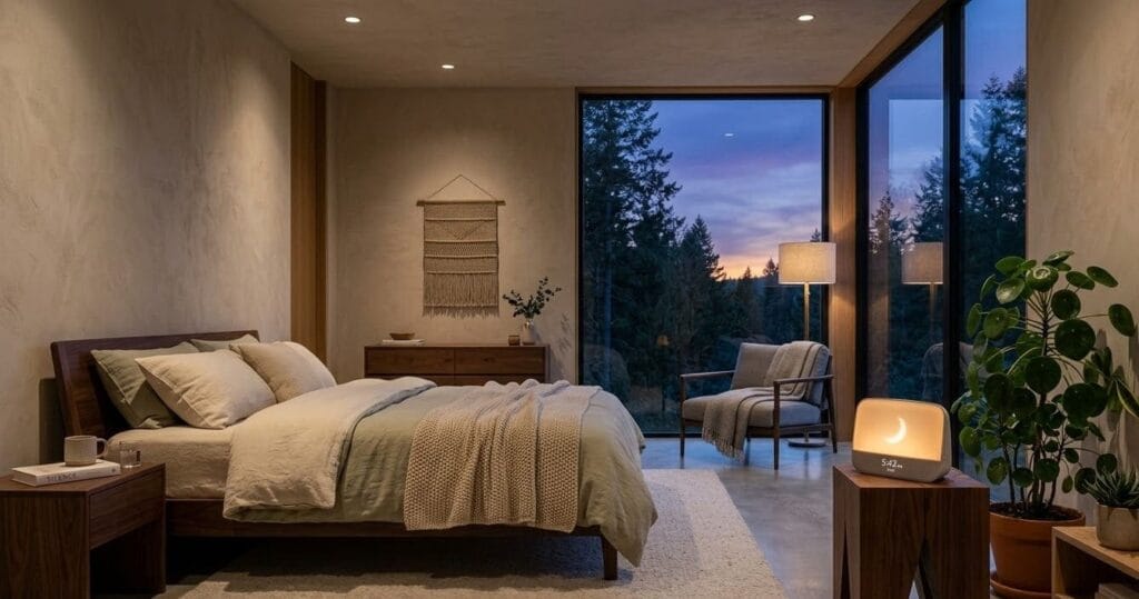 Physical Shelter setup featuring a weighted blanket and warm ambient lighting for neurological stress relief.