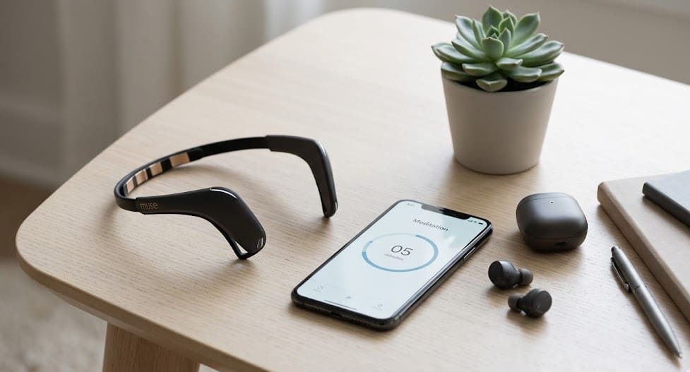 Muse 2 style meditation headband on a wooden table beside a phone and earbuds in a calm home setting.