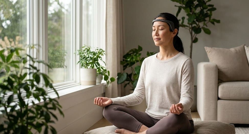 Person meditating at home while wearing a Muse 2 style meditation headband.