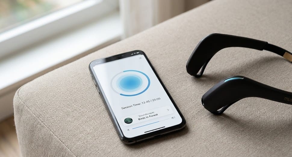 Muse app style meditation session feedback shown on a smartphone beside a headband.