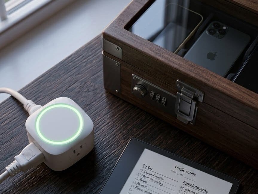 Wooden box storing a cell phone to represent the relief of willpower and digital peace.