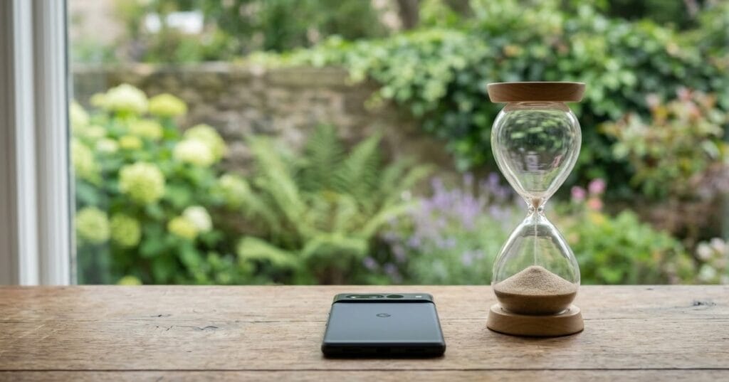 15-Minute Chinese Rule - An analog sand timer next to a face-down phone symbolizing digital detox and mental focus.