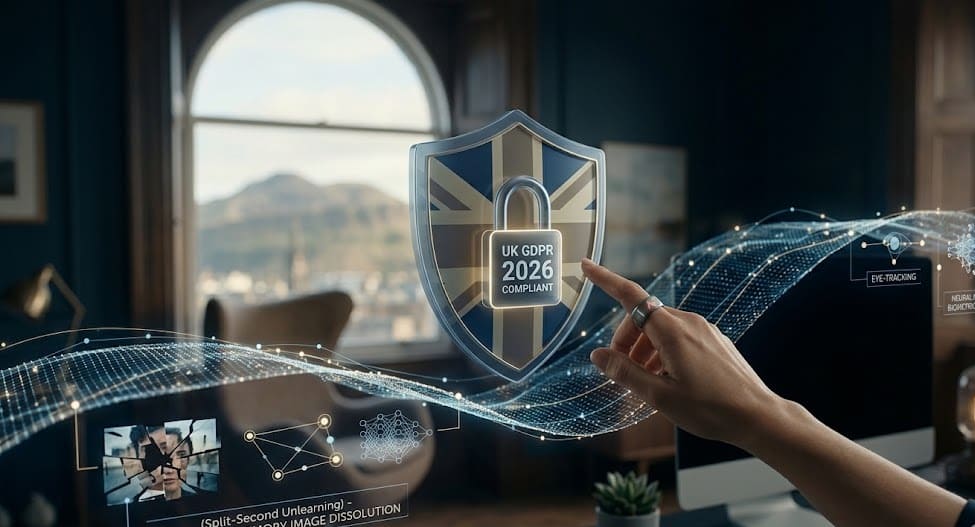 Política de privacidad
A secure padlock with "UK GDPR 2026 COMPLIANT" etched on it, with an implicit Union Jack design on a shield, symbolizing UK data protection compliant mental health data. In the background through a window, Arthur's Seat in Edinburgh is blurred.