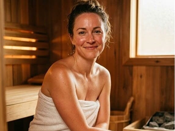 smiling woman inside a home sauna Renu enjoying gentle heat therapy
