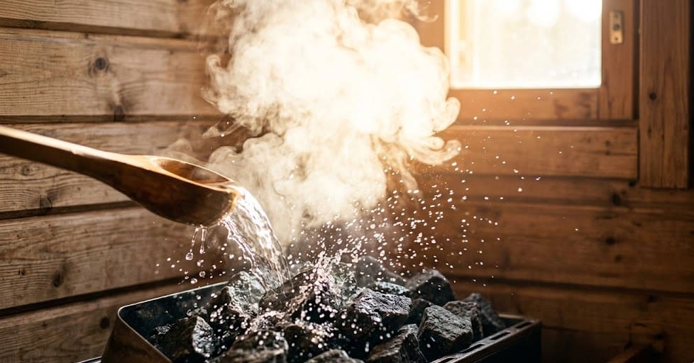 macro shot of water poured on hot stones in a home sauna Renu heater