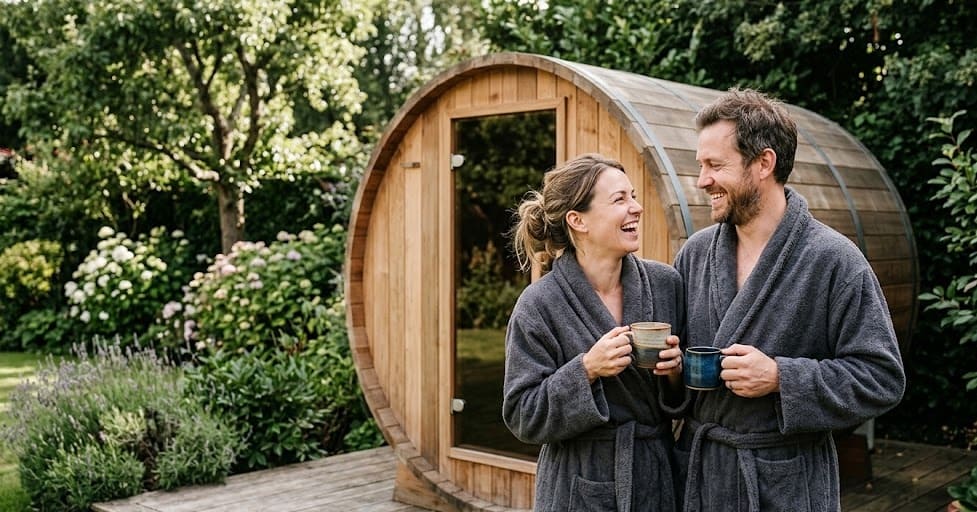 a happy couple sharing a peaceful moment near their home sauna Renu barrel
