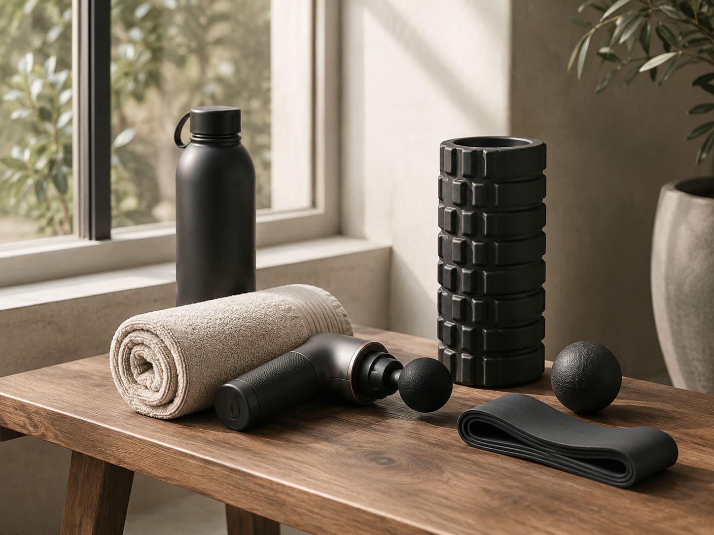 Home 9 Recovery tools including a massage gun, foam roller, towel, water bottle, resistance band, and massage ball on a wooden bench