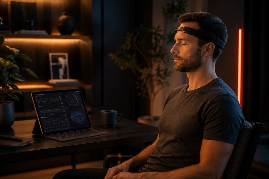 Sens.ai vs Neurosity Crown Review: Best Premium Neurofeedback Device for Home Brain Training? 3 User testing a home neurofeedback device during a brain training session.