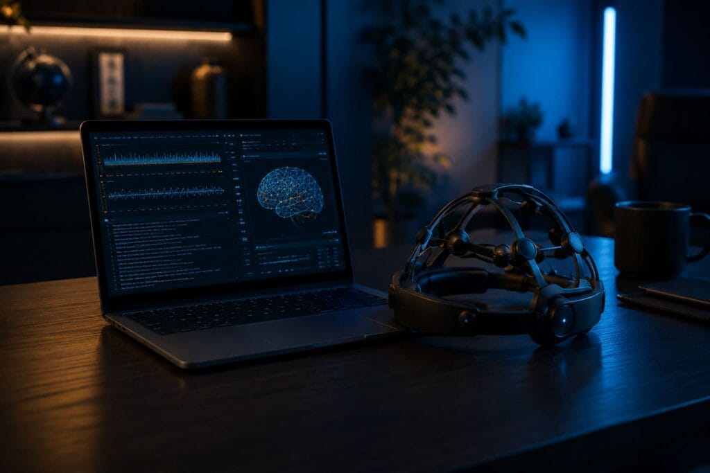 Sens.ai vs Neurosity Crown Review: Best Premium Neurofeedback Device for Home Brain Training? 5 Generic EEG headset connected to AI workflows and brain activity tracking.