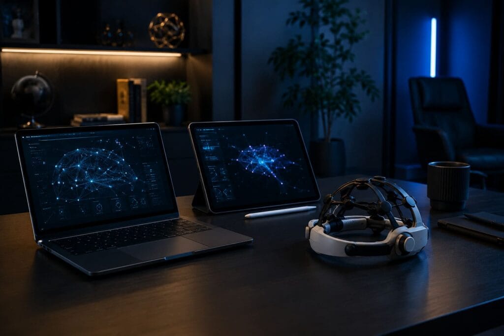 Sens.ai vs Neurosity Crown Review: Best Premium Neurofeedback Device for Home Brain Training? 10 AI-connected EEG workflow for brain-computer interface experiments.